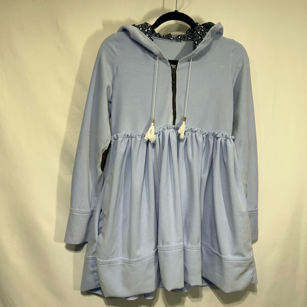 Light Blue skirted hoodie with 1/4 zipper closure and elbow pads!